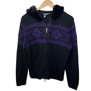 Lauren Ralph Lauren Sweater Black Purple Wool Angora Full Zip Hooded Fur Trim PL